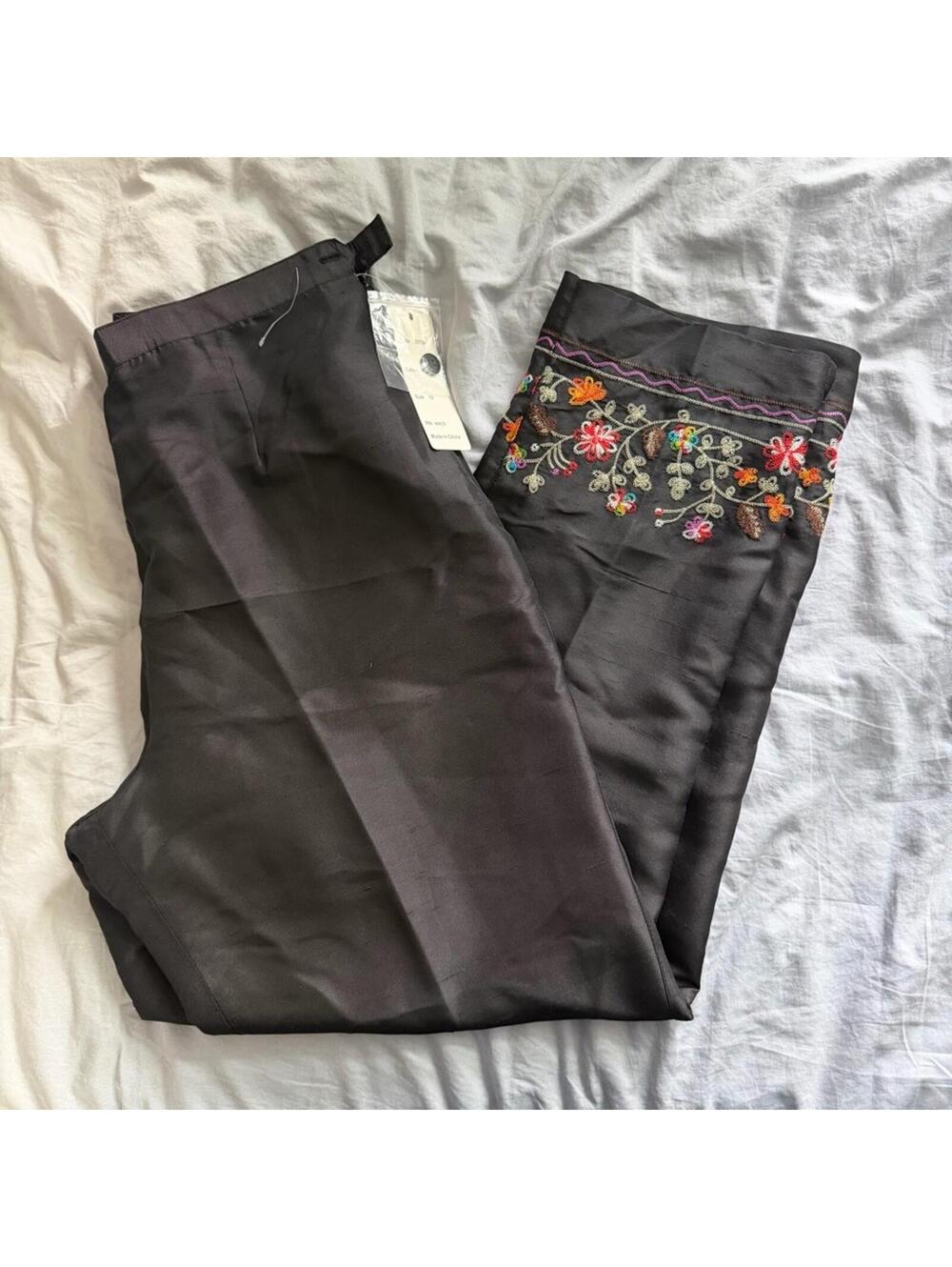 SilkLand Black Silk Pants with Multicolor Embroidery like Johnny Was